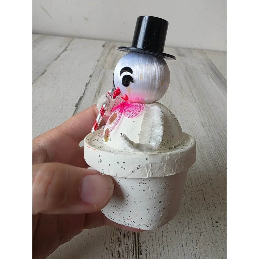 Vintage putz candy paper Japan snowman candy container spun glass chenille top